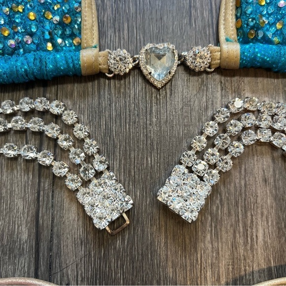 Competition Bikini Suit Bodybuilding Gold Encrusted Rhinestone Blue Muscle Fit S - Picture 6 of 17